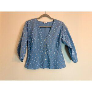 Madewell Polka Dot V-Neck Button Front Peplum Blouse Blue White Size 4